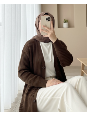 Fitilli Düğmeli Uzun Triko Hırka  -Kahve