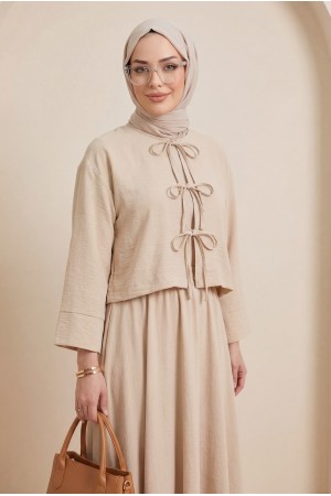 Önü Bağcıklı Beli Lastikli Etekli Keten Takım -Bej