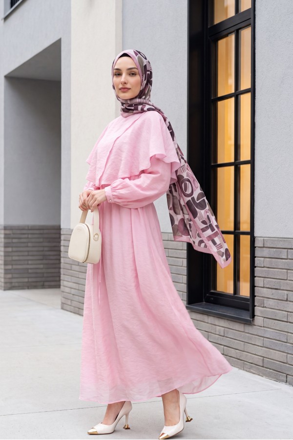 Lined Tulle Modal Dress with Cape Detail Neckline and Belt -Pink
