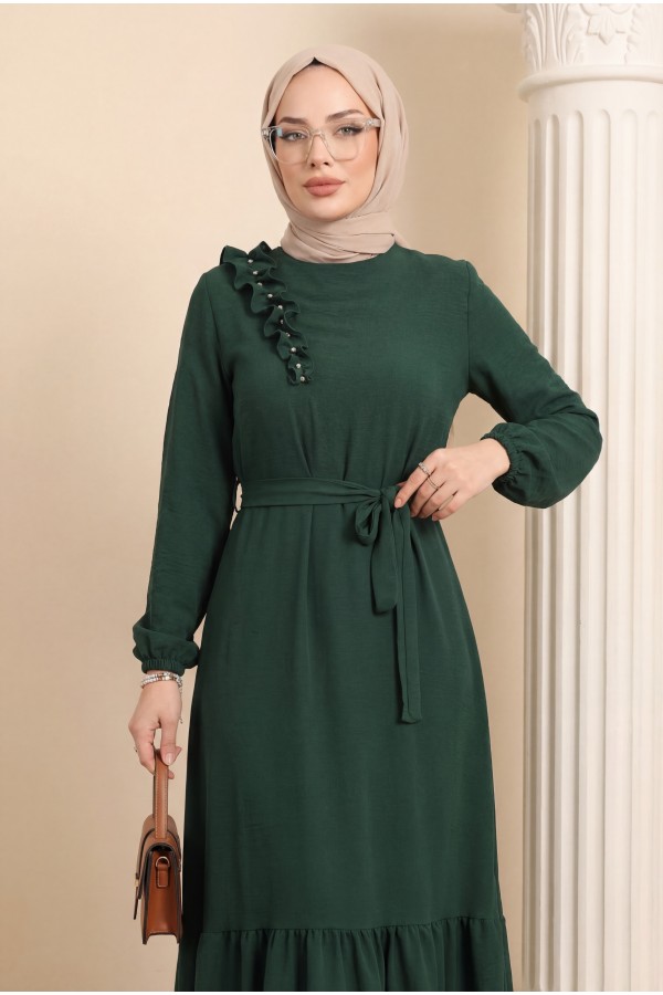 Ruffle Stone Detailed Piece Skirt Belted Ayrobin Dress  -Emerald