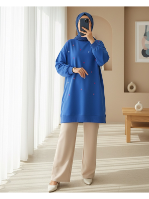 Yuvarlak Yaka Kalp Desenli Penye Tunik  -Mavi