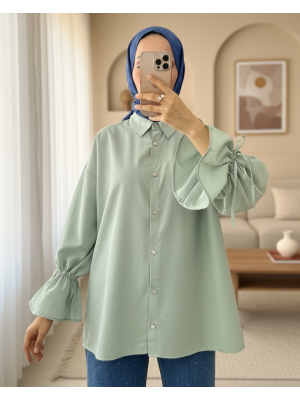 Kolu Büzgülü Arkası Piliseli Gömlek  -Su Yeşili
