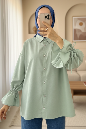 Kolu Büzgülü Arkası Piliseli Gömlek  -Su Yeşili