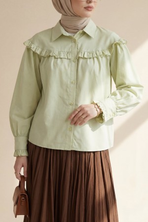 Short Shirt with Ruffle Detail and Button Closure -Olive
