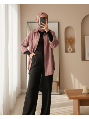 Kadın Tek Cepli Oversize Müslin Gömlek 20353 - Koyu Lila