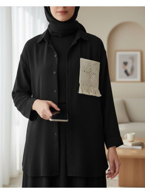 Örgü Cepli Düğmeli Ayrobin Gömlek -Siyah