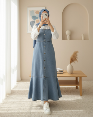 Önden Düğmeli Yan Cepli Eteği Fırfırlı Kot Jile -Buz Mavi