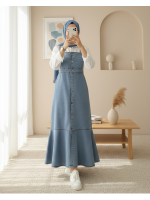 Önden Düğmeli Yan Cepli Eteği Fırfırlı Kot Jile -Buz Mavi