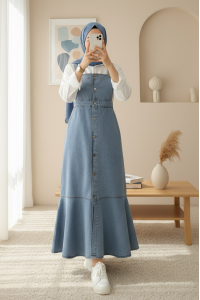 Önden Düğmeli Yan Cepli Eteği Fırfırlı Kot Jile -Buz Mavi