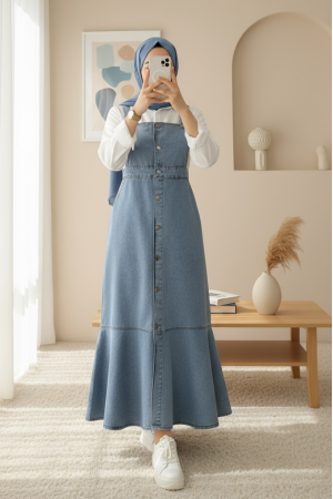 Önden Düğmeli Yan Cepli Eteği Fırfırlı Kot Jile -Buz Mavi