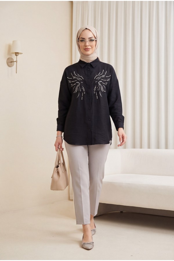 Stone And Embroidered Linen Shirt -Black