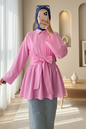 Half Buttoned Waist Tie Side Zipper Tunic  -Pink