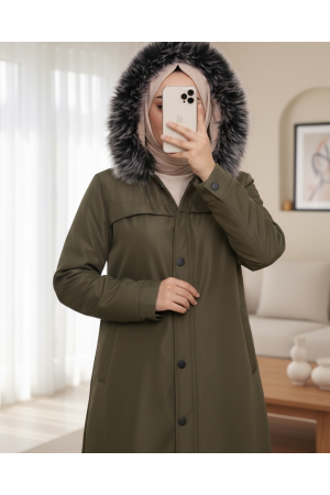 Çıkma Kapşonlu Çıtçıtlı Cepli Kısa Kaban     -Kamuflaj