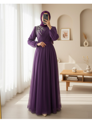 Önü Taş Detaylı Drapeli Kemerli Tül Abiye     -Mor