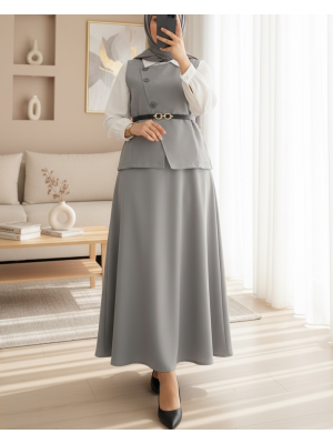 Çapraz Düğmeli Yelek Etek İkili Takım  -Gri