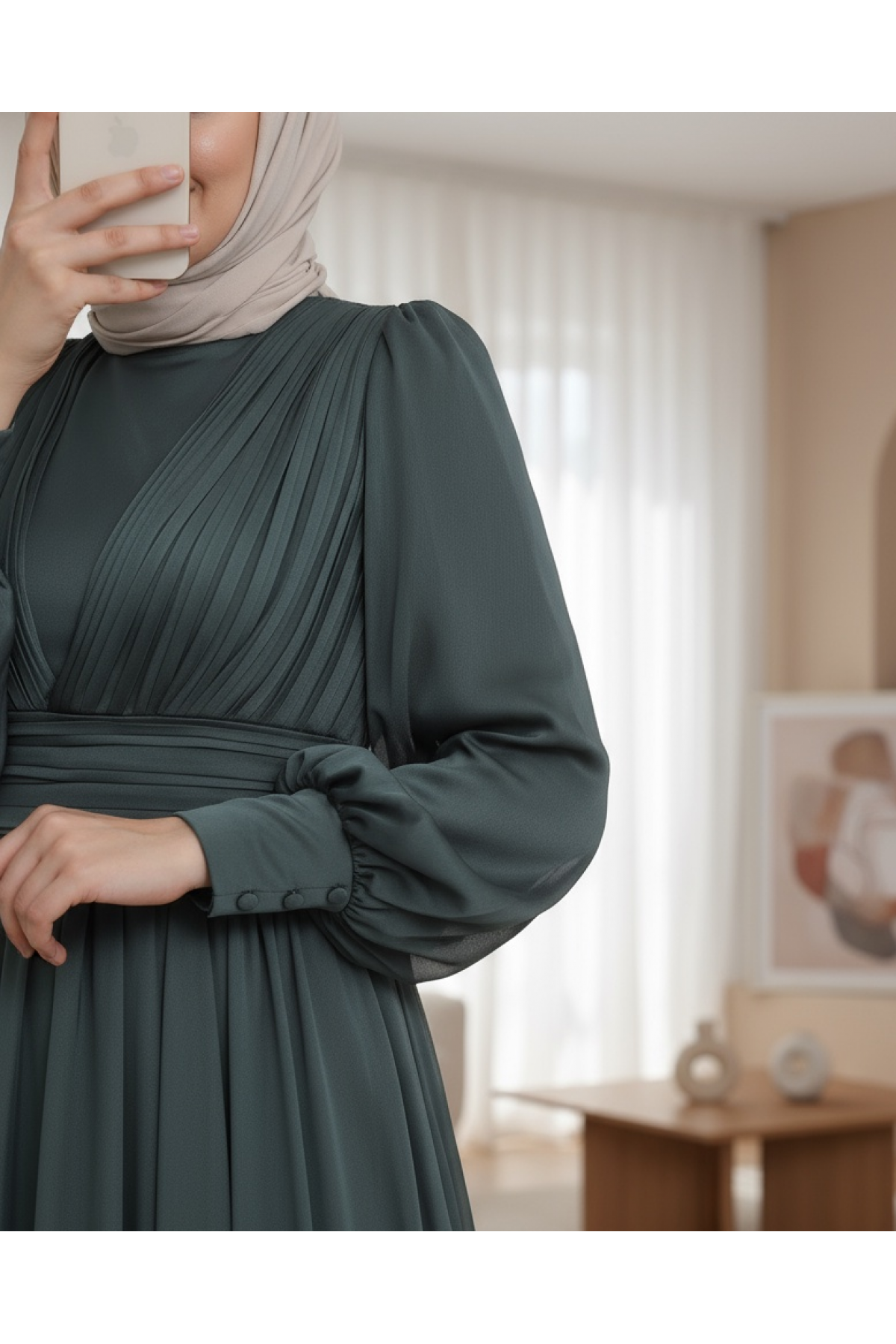 Chiffon Evening Dress with Front Drape Detailed Sleeve Buttons -Khaki