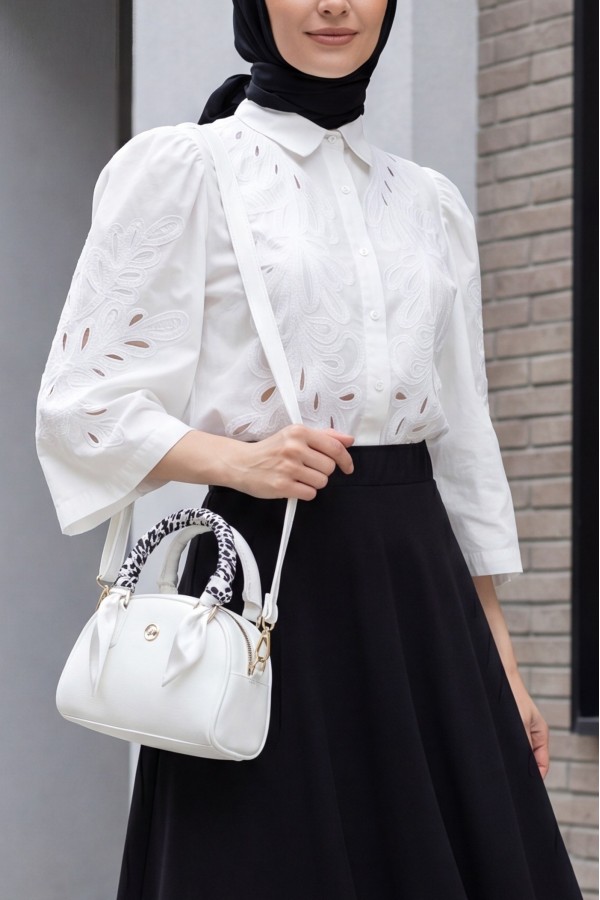 Wide Sleeve Embroidered Buttoned Linen Shirt -White