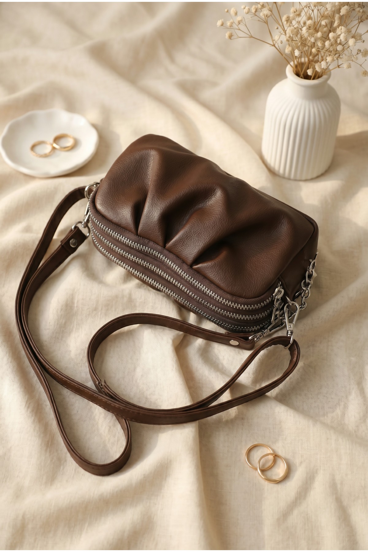 Three-Compartment Zippered Long Shoulder Bag -Dark Coffee