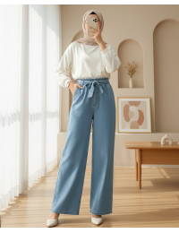 Beli Kuşaklı Lastikli Cepli Kot Pantolon -Buz Mavi