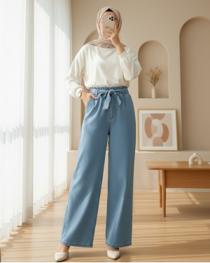 بنطال جينز بحزام خصر وجيوب مرنة -جليدي