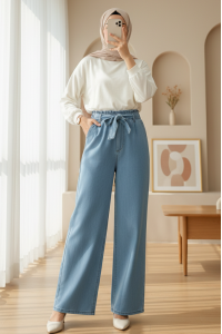 Beli Kuşaklı Lastikli Cepli Kot Pantolon -Buz Mavi