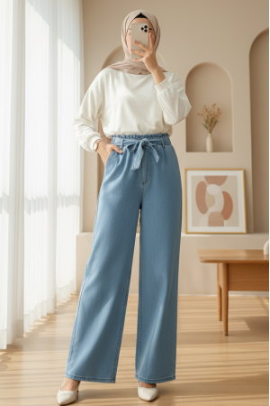 Beli Kuşaklı Lastikli Cepli Kot Pantolon -Buz Mavi