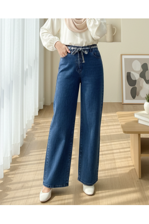 Bol Paça Beli Kuşaklı Fermuarlı Kot Pantolon -Koyu Mavi