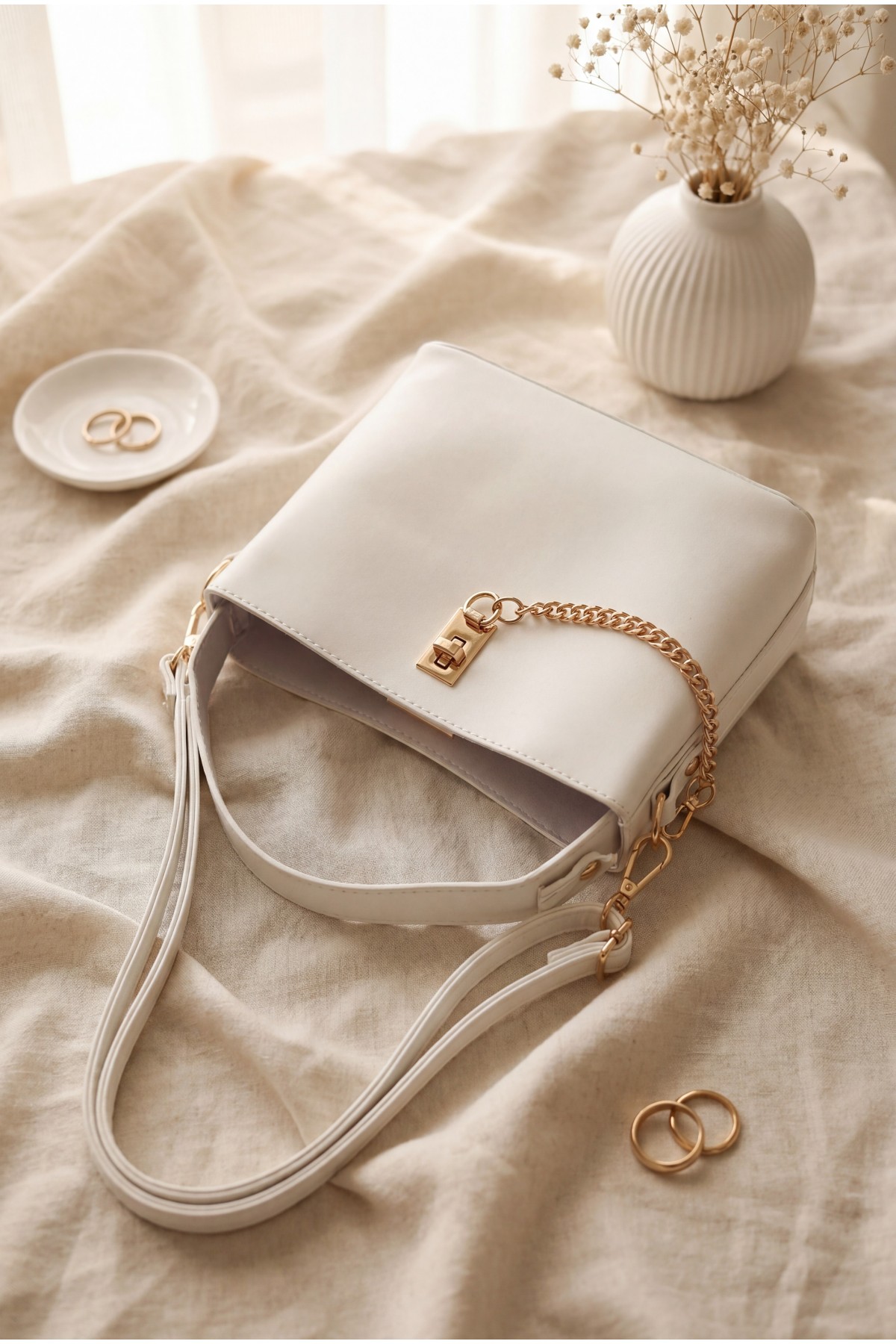 Snap-button and Zipper Long-Shoulder Bag -White
