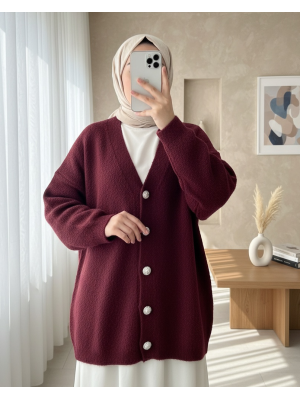 Önü Düğmeli Sakallı Salaş Triko Hırka   -Bordo