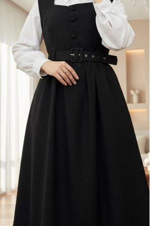 Top Düğmeli Altı Fırfırlı Beli Kemerli  Jile Elbise  -Siyah