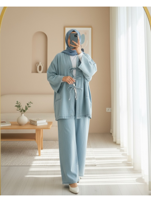 Önü Bağlamalı Cepli Pantolonlu Kot Kimono Takım   -Açık Mavi