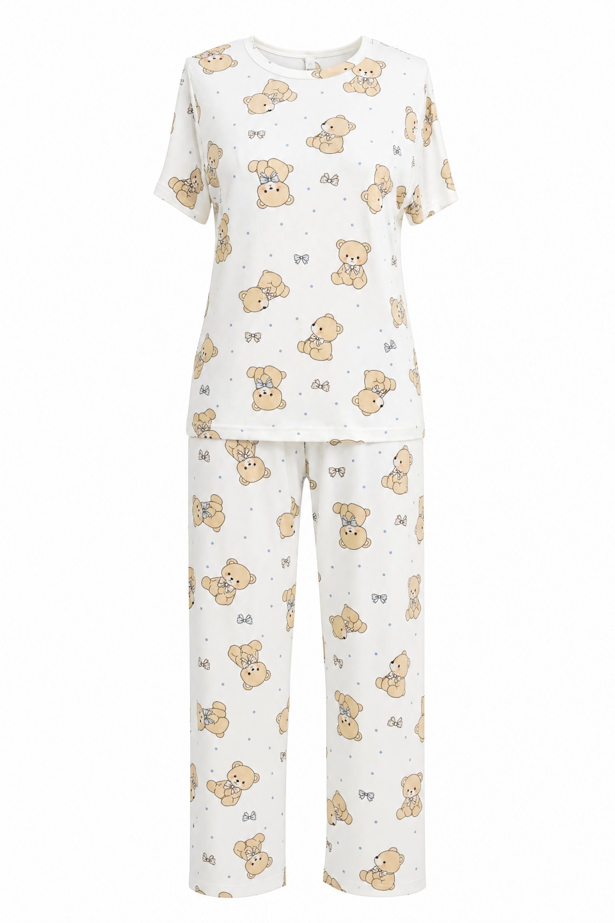 Mixed Pattern Crew Neck Short Sleeve Cotton Pajama Set -White