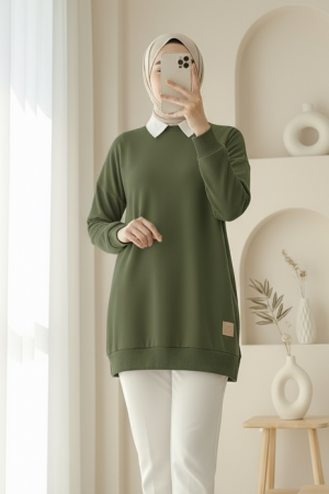 Crew Neck Slit Sweatshirt  -Khaki