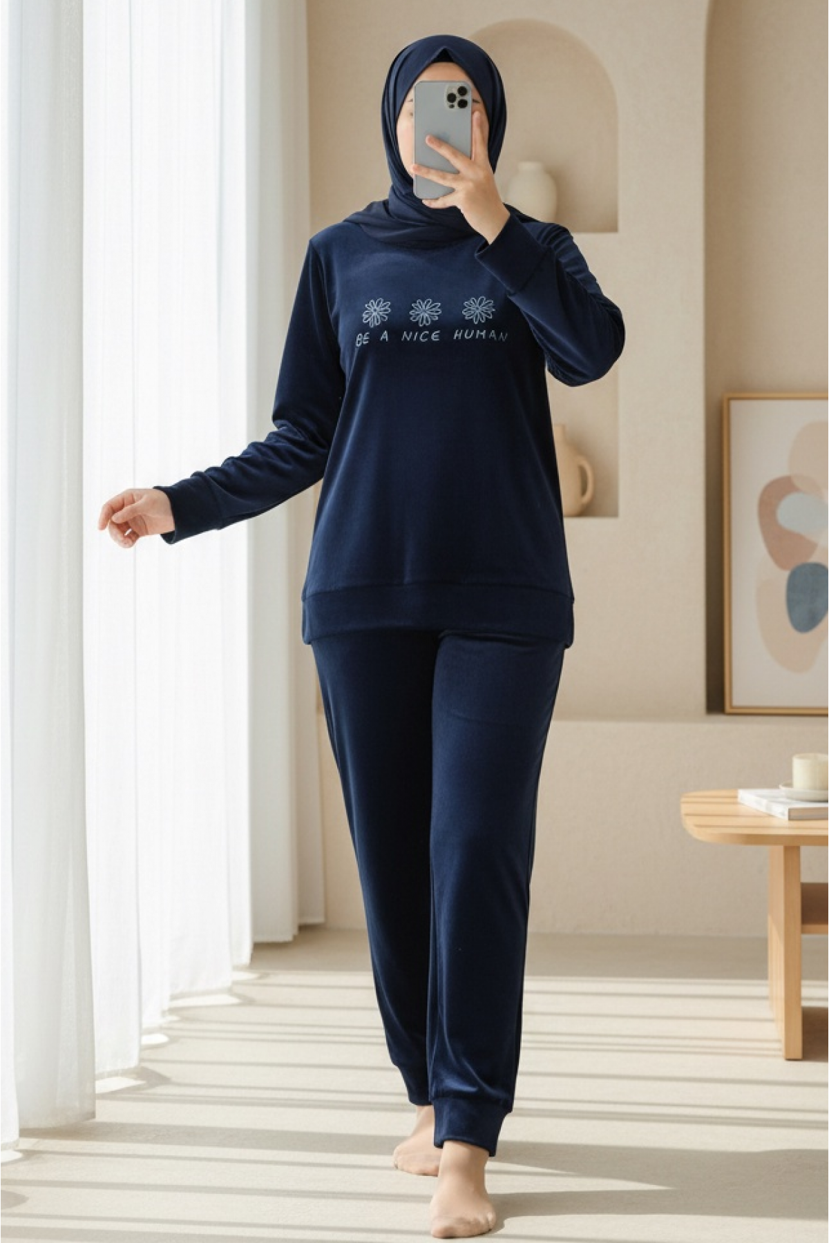 French Velvet Pajama Set with Embossed Text -Navy blue