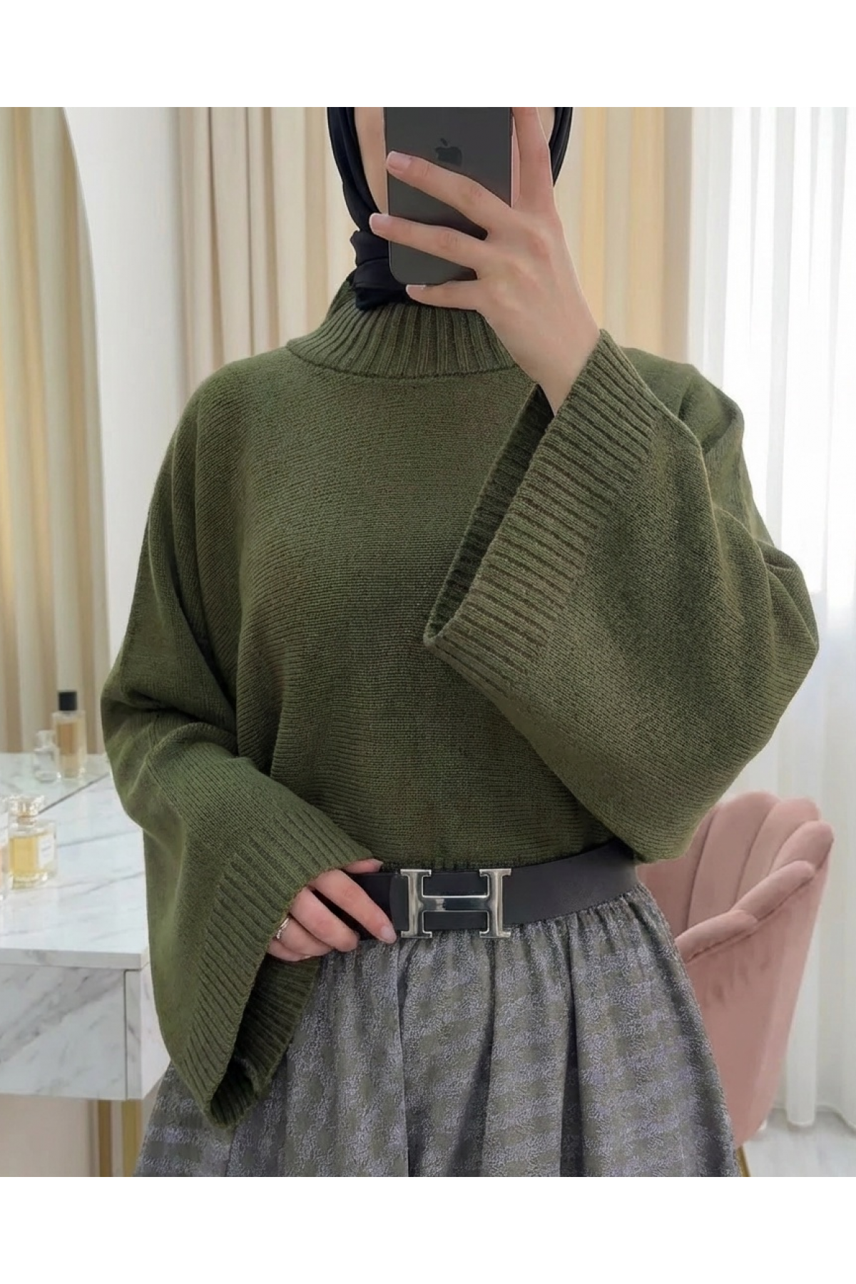 Half Turtleneck Crop Knit Sweater -Khaki