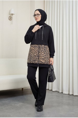 Zincir Detaylı Kapşonlu Leopar Desenli Scuba Takım  -Siyah