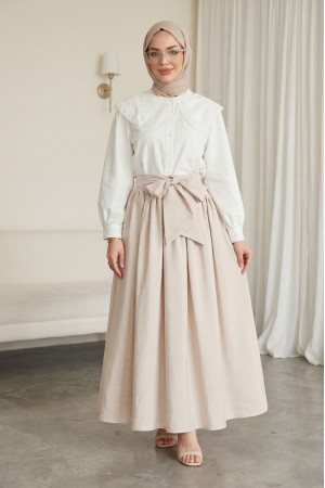 Bebe Yaka Dantel Detaylı Düğmeli Poplin Gömlek  -Ekru