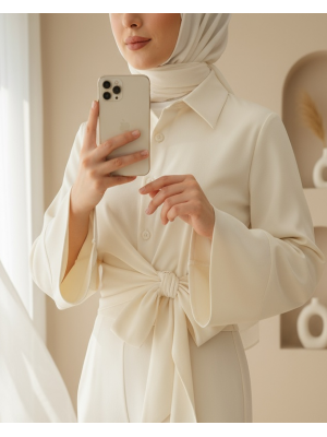 Yan Bağlamalı İspanyol Kol Düğmeli Gömlek    -Ekru