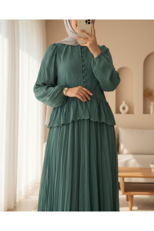 Yakası Fırfırlı Düğmeli Şifon Kraş Etekli Takım -Mint