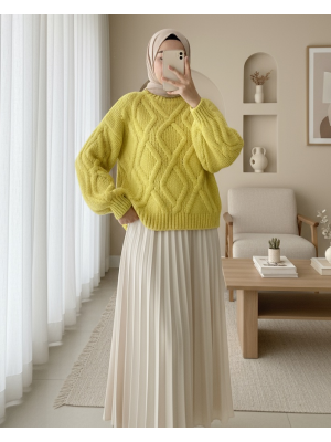 Yarım Boğazlı Balon Kol Kışlık Kazak     -Sarı