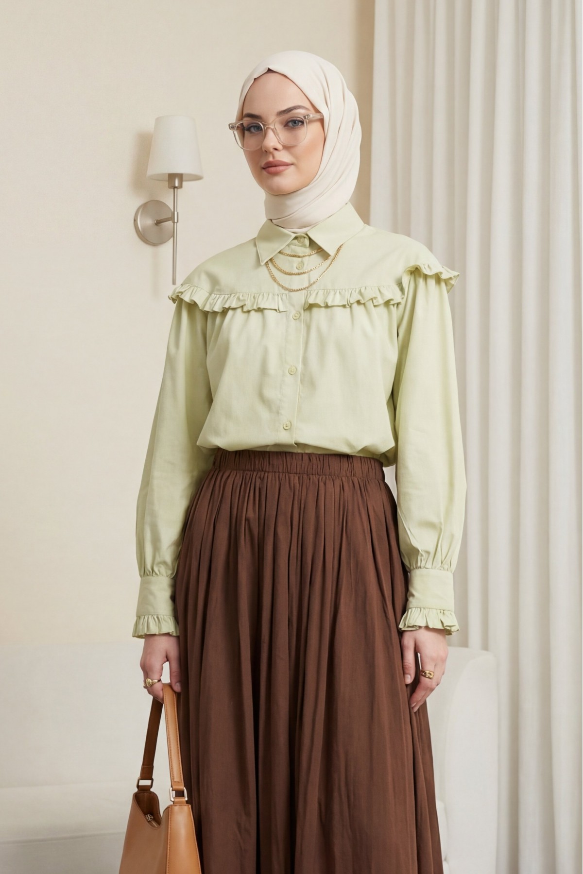 Short Shirt with Ruffle Detail and Button Closure -Olive