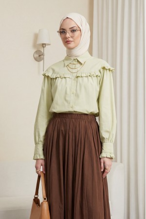 Fırfır Detaylı Düğmeli Kısa Gömlek -Zeytin