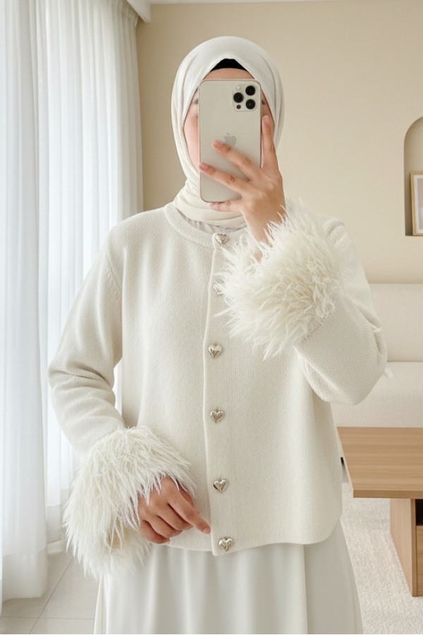 Heart-shaped Knitted Cardigan with Fringed Sleeves - Beige
