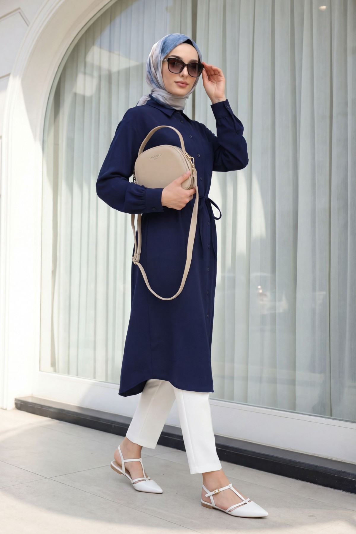 Button-front shirt collar, tie-waist long modal tunic -Navy blue detay görseli
