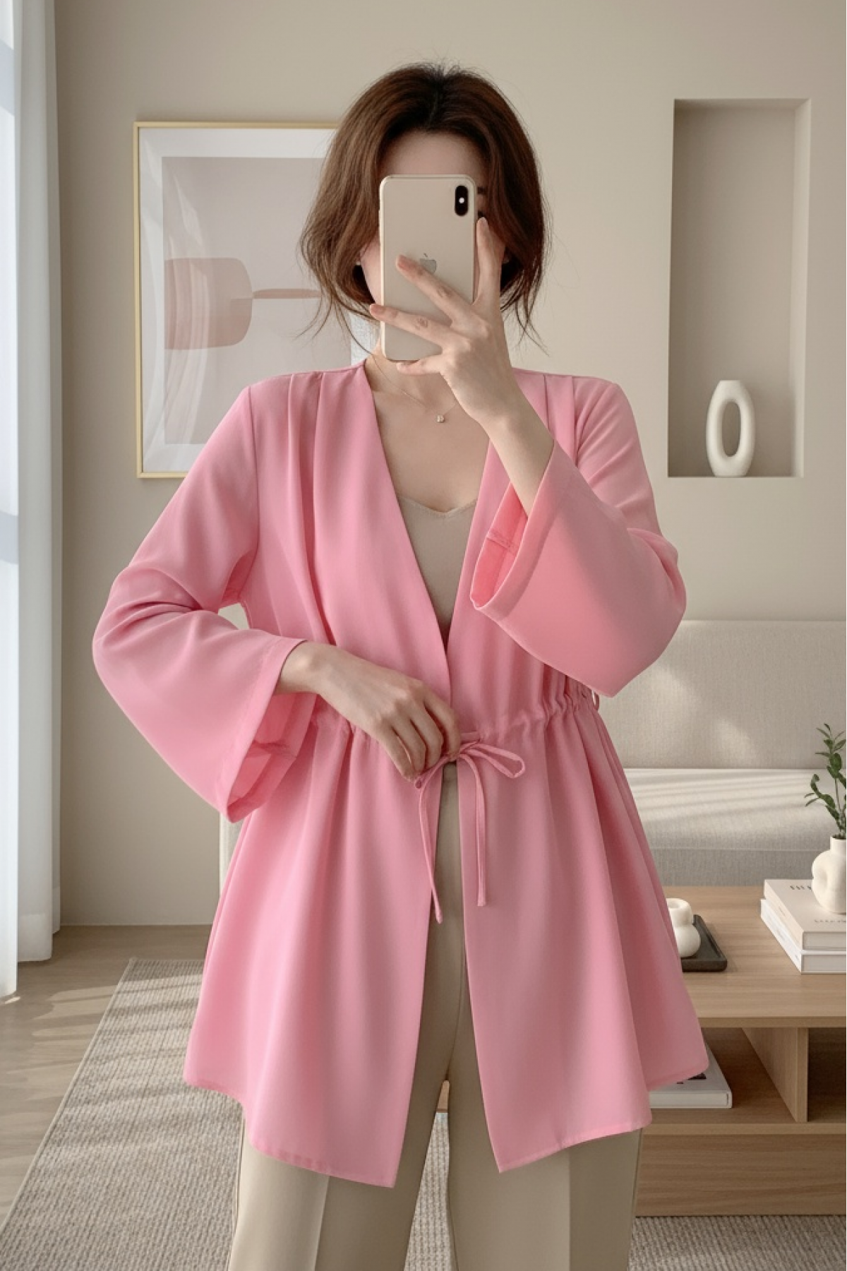 Modal Kimono with Waist Tunnel and Tie -Pink