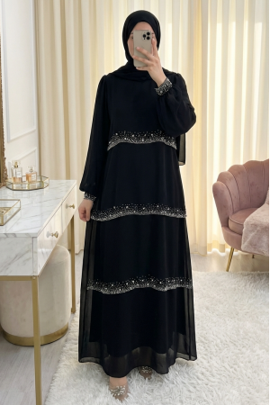 Layered Chiffon Dress with Stone Details on the Neckline, Sleeves and Layers -Black