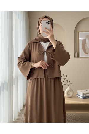 Önü Bağlamalı Etekli Krinkıl Takım  -Kahve