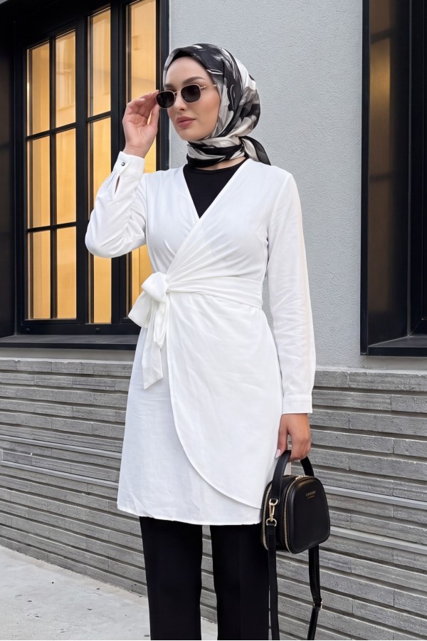 Double Breasted Collar Tied Frilled Ayrobin Dress    -White