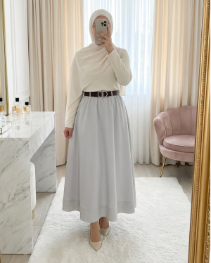 Etek Ucu Dikiş Detaylı Beli Lastikli Astarlı İthal Soft Gabardin Etek -Taş