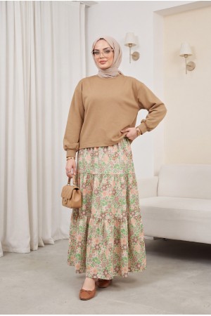 Floral Patterned Belted Two Piece Suit -Mink color
